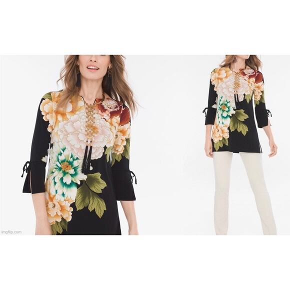 Chico's NWT Women's 3 (XL) Black Asian Eastern Bouquet 3/4 Sleeve Tunic Blouse - Picture 3 of 11